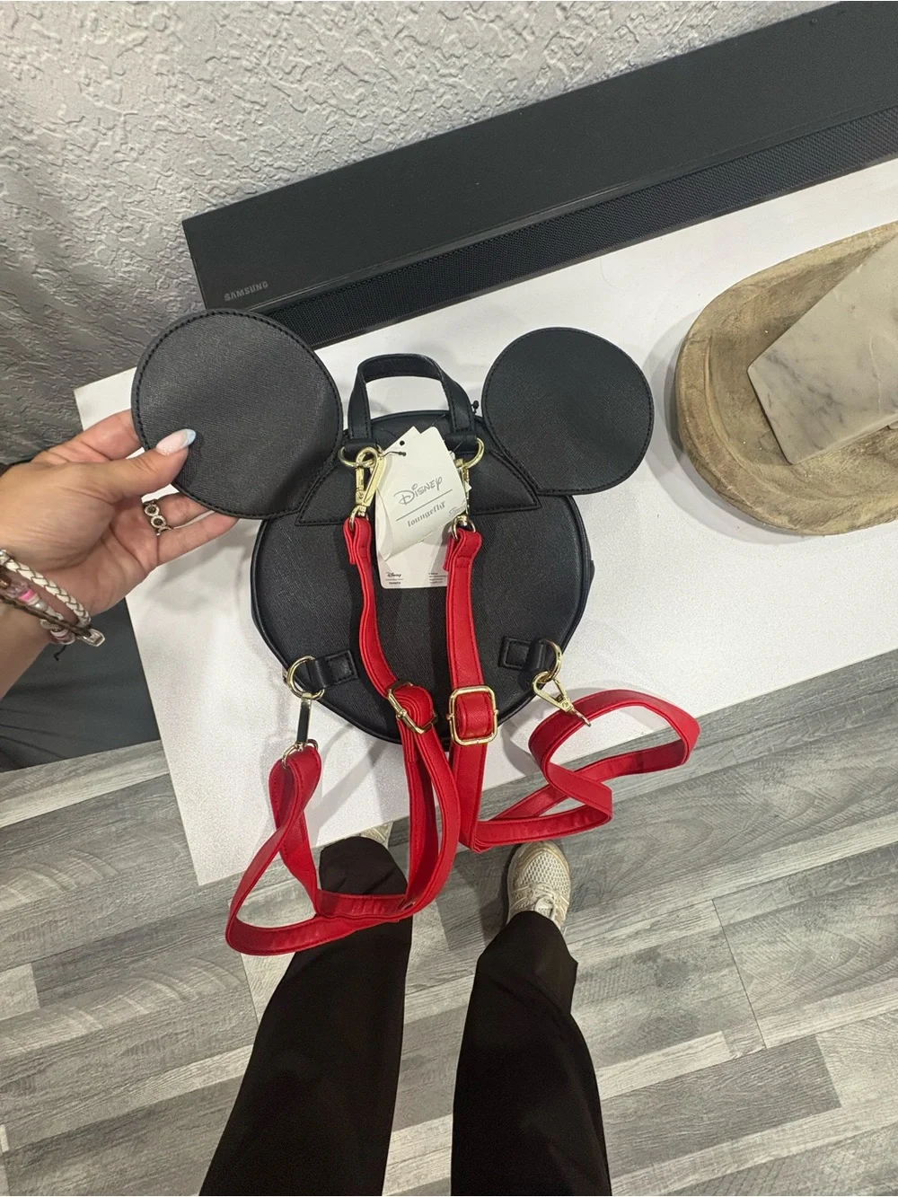 Loungefly Black Round Mickey-Ear Crossbody with Red Straps